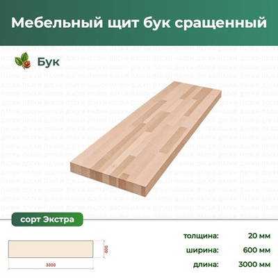 Мебельный щит бук сращенный Бук, 20×600×3000 мм, сорт Экстра