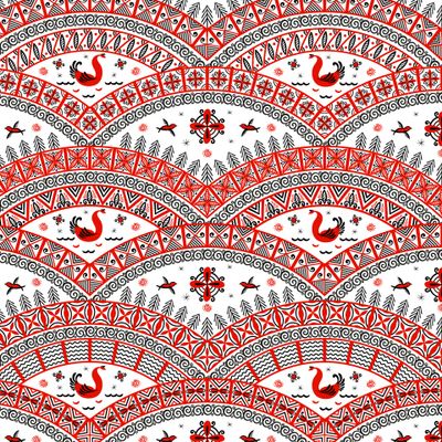 Орнамент с птицами на белом фоне. Мезенская роспись. (Дизайнер Irina Skaska)