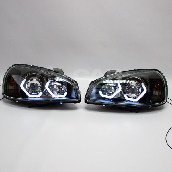 Фары Лада Калина 1 передние в стиле BMW с Bi LED модулями 2,0 дюйма, белые галочки (под ключ)