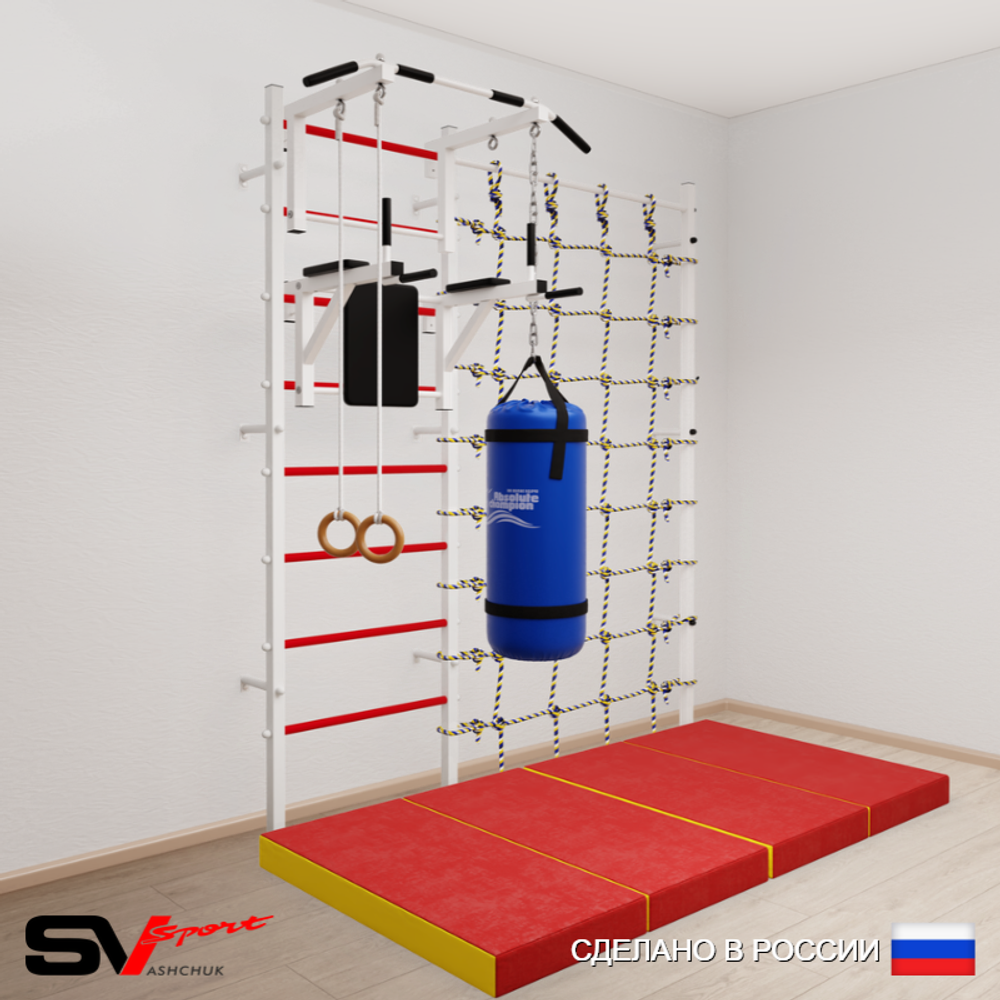 Шведская стенка Sv Sport 57170 (Турник стандарт/Брусья/Кольца/Цепь/Мешок 30кг/Мат 2м/Канатный лаз)