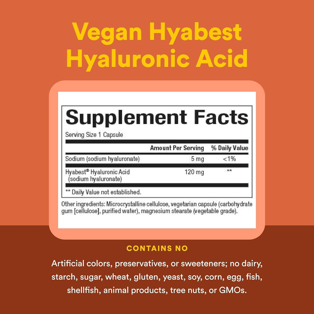 Natural Factors, Vegan Hyabest, гиалуроновая кислота, 120 мг, 60 вегетарианских капсул