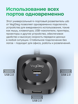 USB 2.0 хаб VegGieg на 4 порта | Поддержка HDD 5 ТБ | Питание Micro USB 5V/2A | Без драйверов длина 1 м