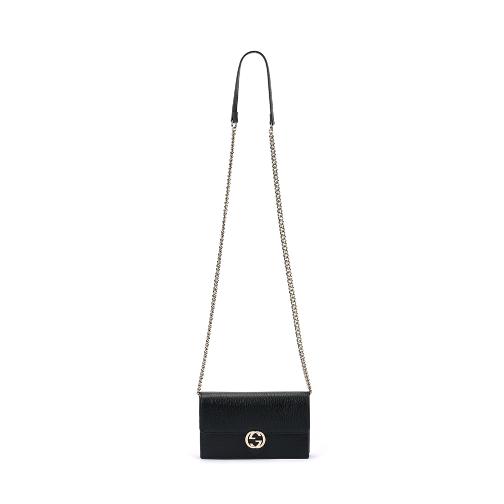 GUCCI Double G Leather WOC Chain Shoulder Messenger Bag Black