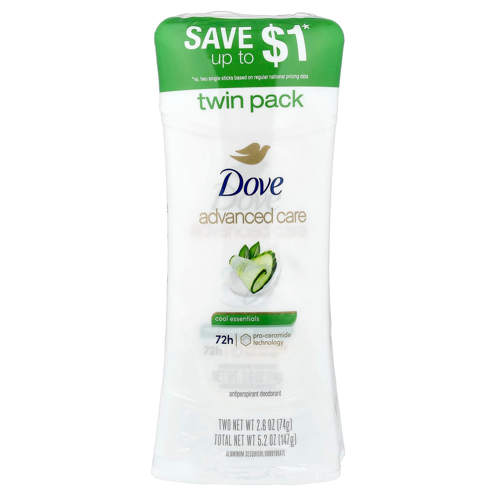 Dove, Advanced Care, дезодорант-антиперспирант, свежесть, набор из 2 шт. по 74 г (2,6 унции)