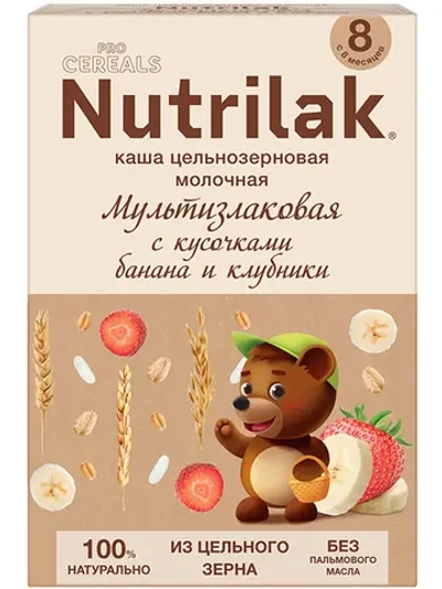 Каша молочная сухая Nutrilak Premium Procereals мультизлаковая с кусочками банана и клубники 200г