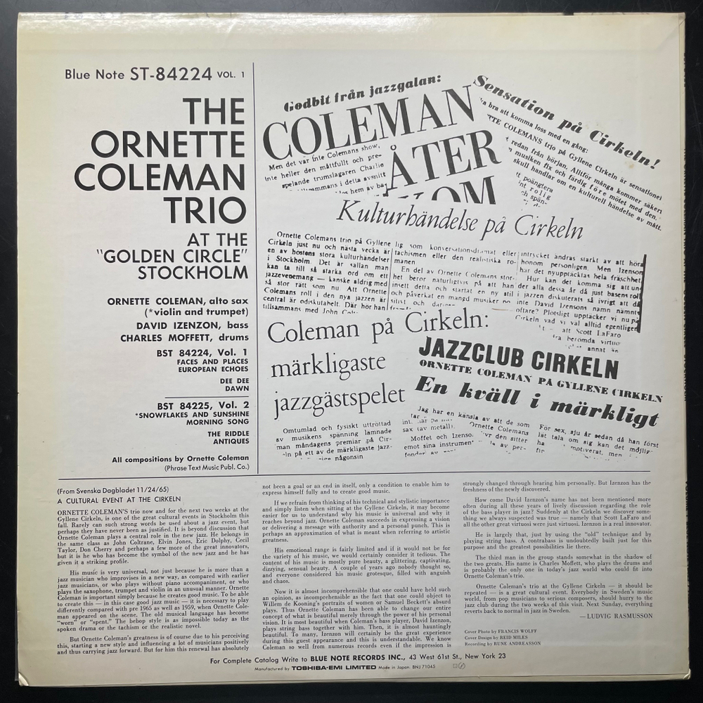 The Ornette Coleman Trio ‎– At The "Golden Circle" Stockholm - Volume One (Япония 1984г.)