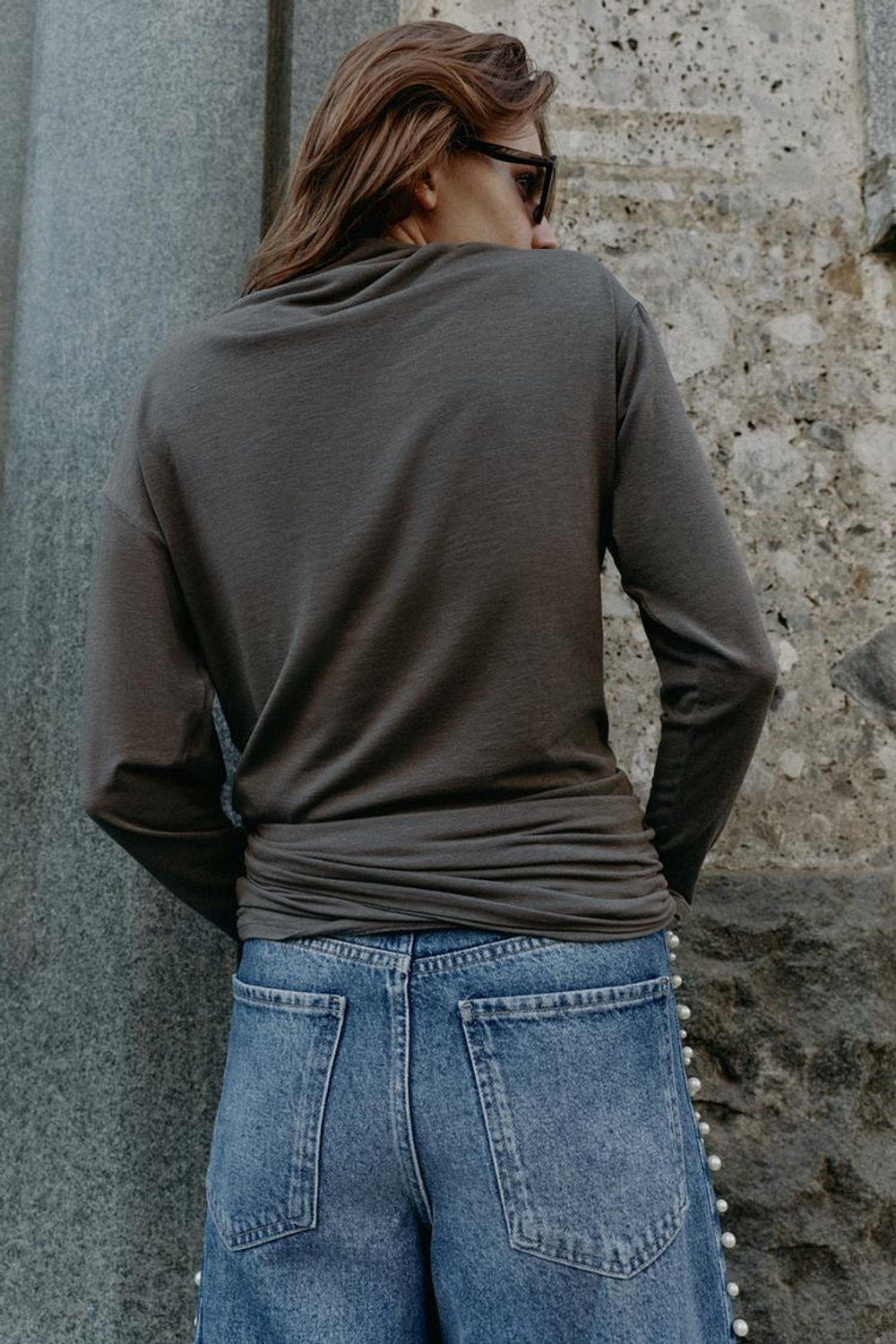 ZARA ТОП С ПОЯСОМ, МЯГКИЙ СЕРЫЙ