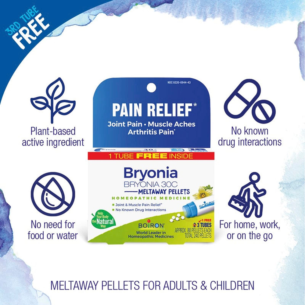 Boiron, Bryonia, обезболивающее, гранулы для рассасывания, 30C, 3 упаковки по 80 гранул