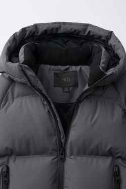 ZARA СТЕГАНОЕ ПАЛЬТО WATER REPELLENT С КАПЮШОНОМ, АНТРАЦИТОВО-СЕРЫЙ