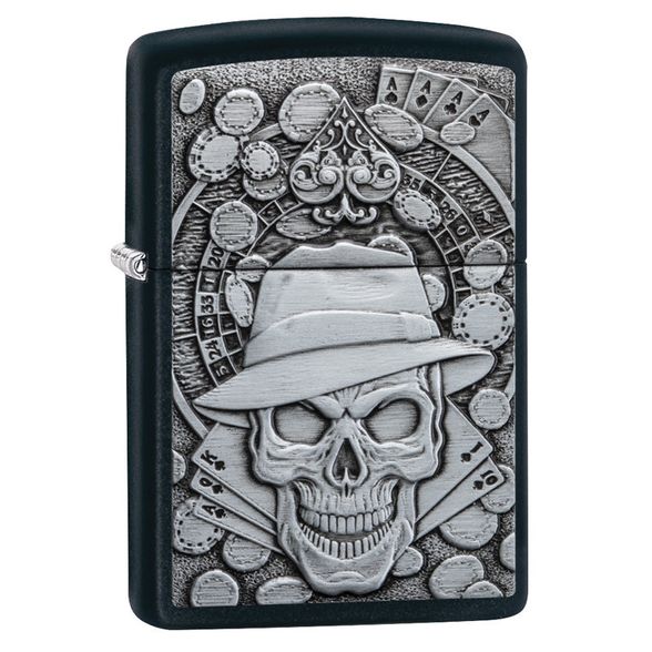 Цена наЗажигалка ZIPPO Gambling Skull с покрытием Black Matte, латунь/сталь, чёрная, матовая, 36x12x56 мм