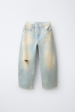 ZARA ДЖИНСЫ BARREL С ЗАКЛЕПКАМИ, СИНИЙ