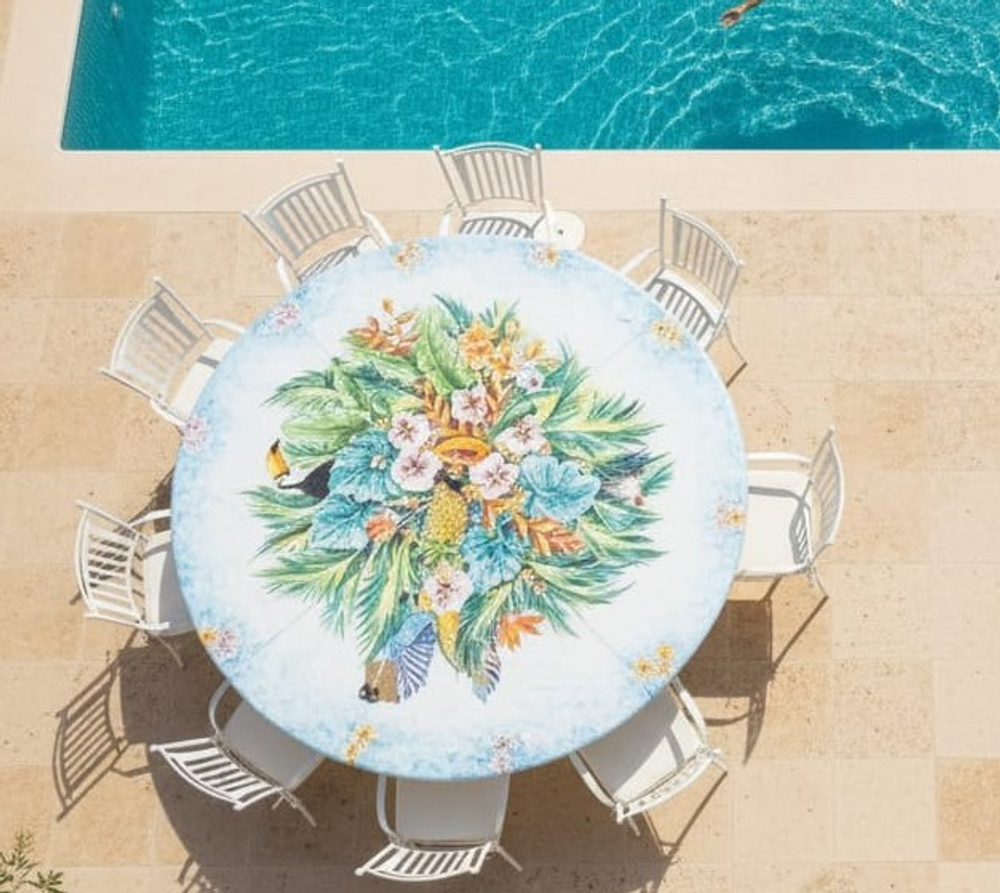 Столовая группа Domiziani Tropical на 10 персон, стол из лавового камня диам. 230 см, кресла нерж. сталь - 10 шт., Италия