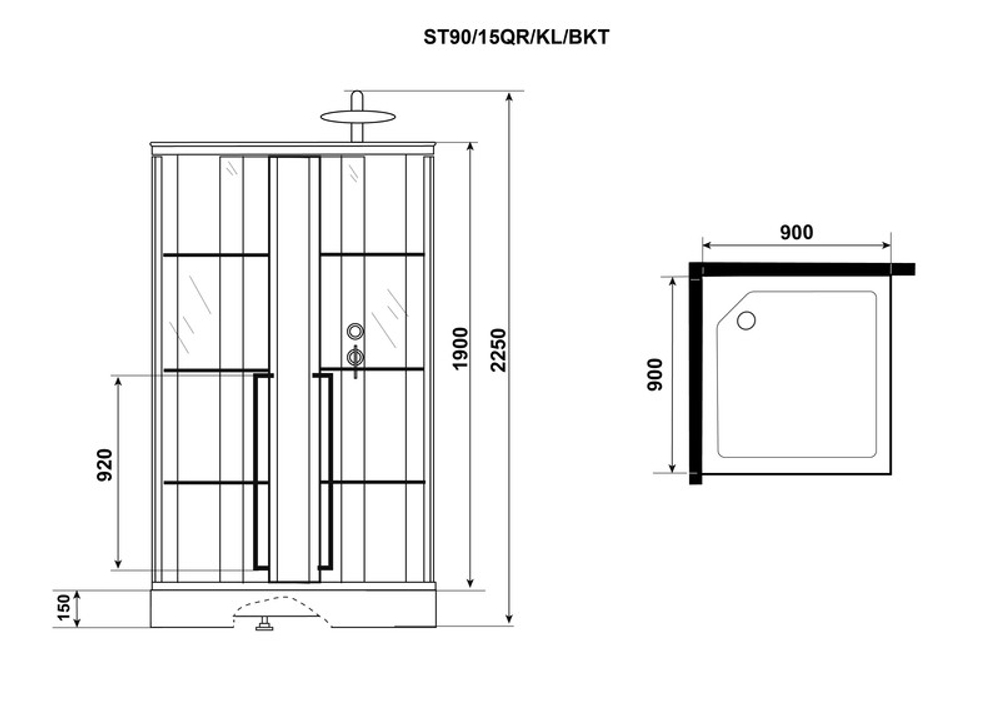 Душевая кабина Niagara Standart ST90/15QR/KL/BKT (90х90х225) низкий поддон(15см),черный,стекло прозрачное,3 места