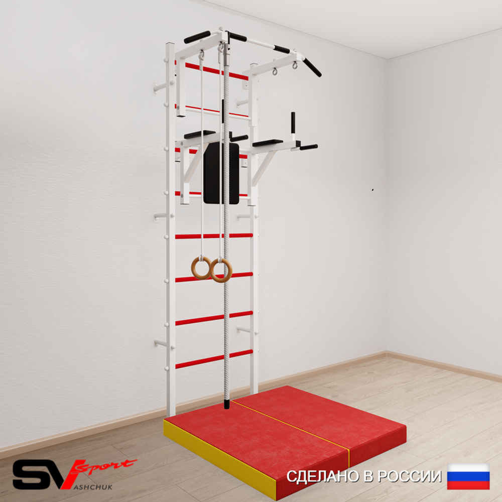 Шведская стенка Sv Sport усиленная 6744 (Турник стандарт/Брусья/Канат/Кольца/Мат 1м)