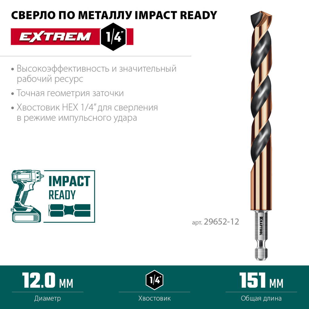 KRAFTOOL НЕХ-1/4″, d 12.0 х 151 мм, сверло по металлу для винтовёртов и шуруповертов IMPACT READY (29652-12)