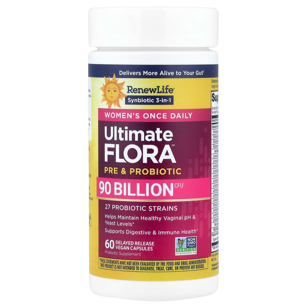 Renew Life, комплекс для женщин, пробиотик Ultimate Flora™, 90 млрд КОЕ, 60 веганских капсул с отсроченным высвобождением
