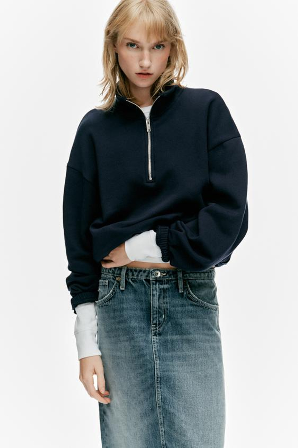 ZARA ДЖИНСОВАЯ ЮБКА МИДИ TRF, СИНИЙ