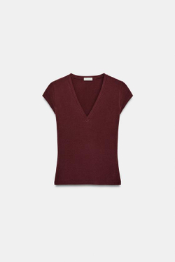 ZARA ФУТБОЛКА С V-ОБРАЗНЫМ ВЫРЕЗОМ, БУРГУНДИ