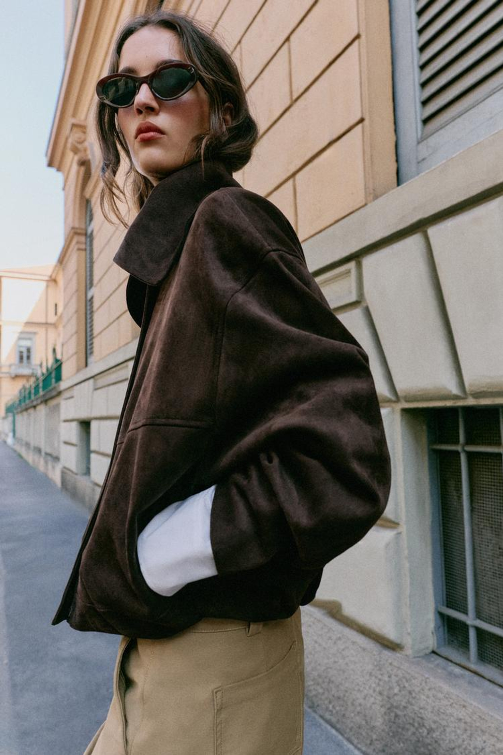 ZARA КУРТКА-БОМБЕР С ШИРОКИМ ВОРОТНИКОМ, КОРИЧНЕВЫЙ