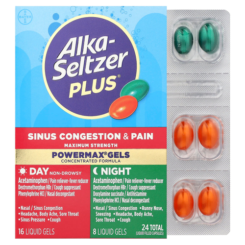 Alka-Seltzer Plus, PowerMax® гели, от заложенности носовых пазух и боли, для применения днём и ночью, 24 жидкие капсулы