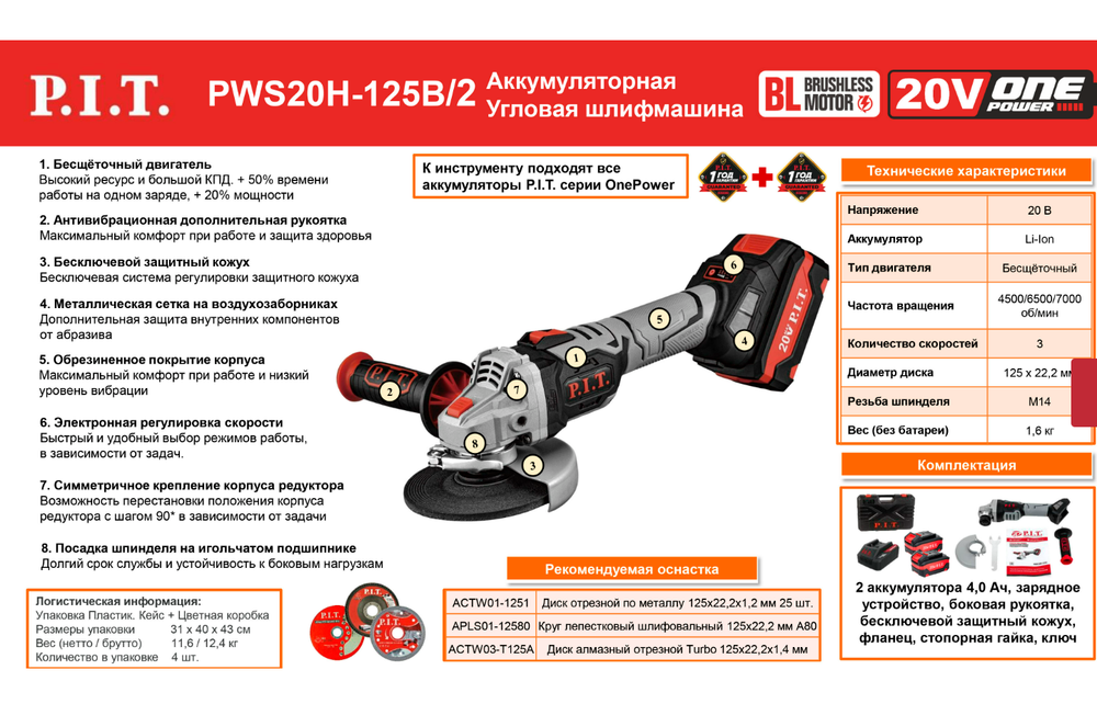 Шлифмашина угловая аккумуляторная бесщёточная P.I.T. PWS20H-125B/2