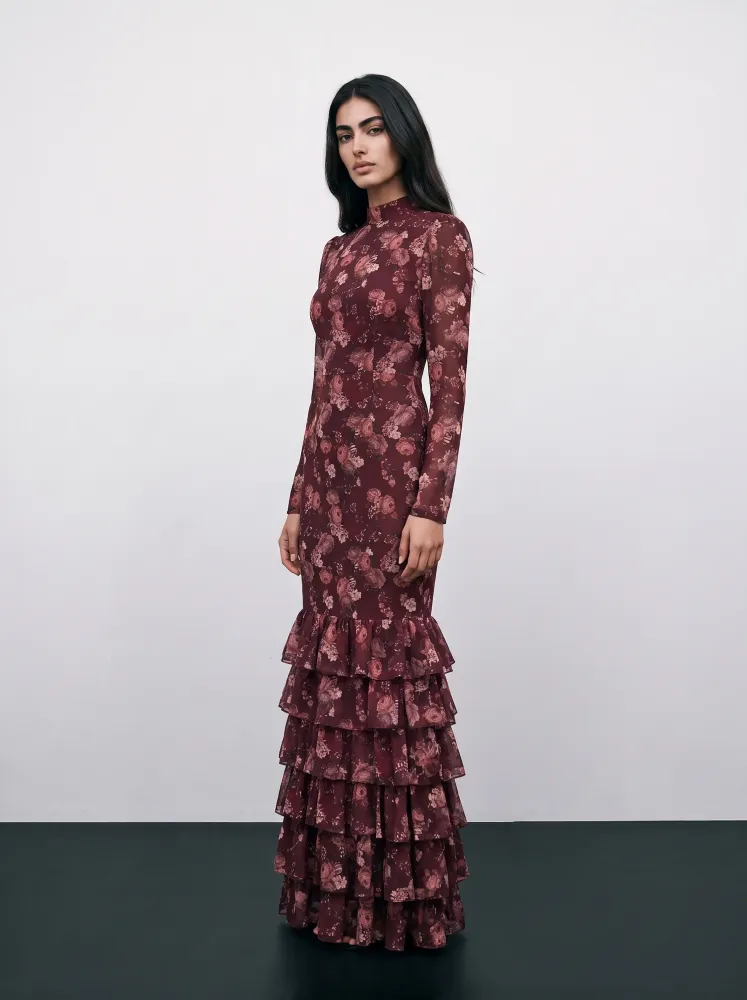 Рула макси (Rula maxi), платье макси из бордового шифона с цветами мультицвет