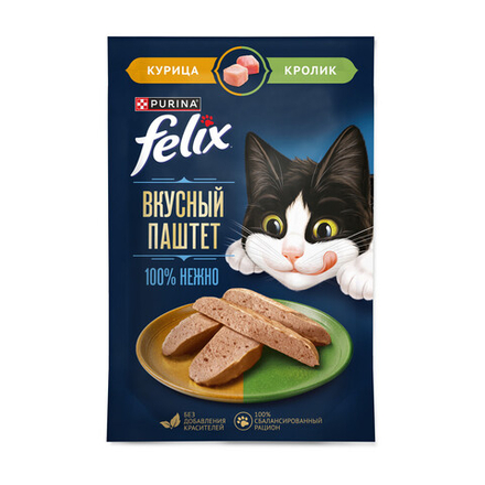 Влажный корм FELIX паштет для взрослых кошек курица кролик 75 г