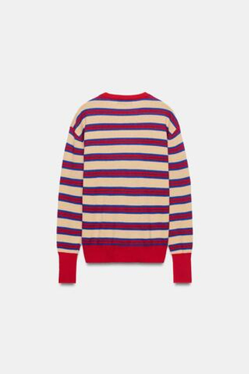 ZARA СВИТЕР В ПОЛОСКУ ИЗ МЯГКОЙ 100% ШЕРСТИ, КРАСНАЯ ПОЛОСКА