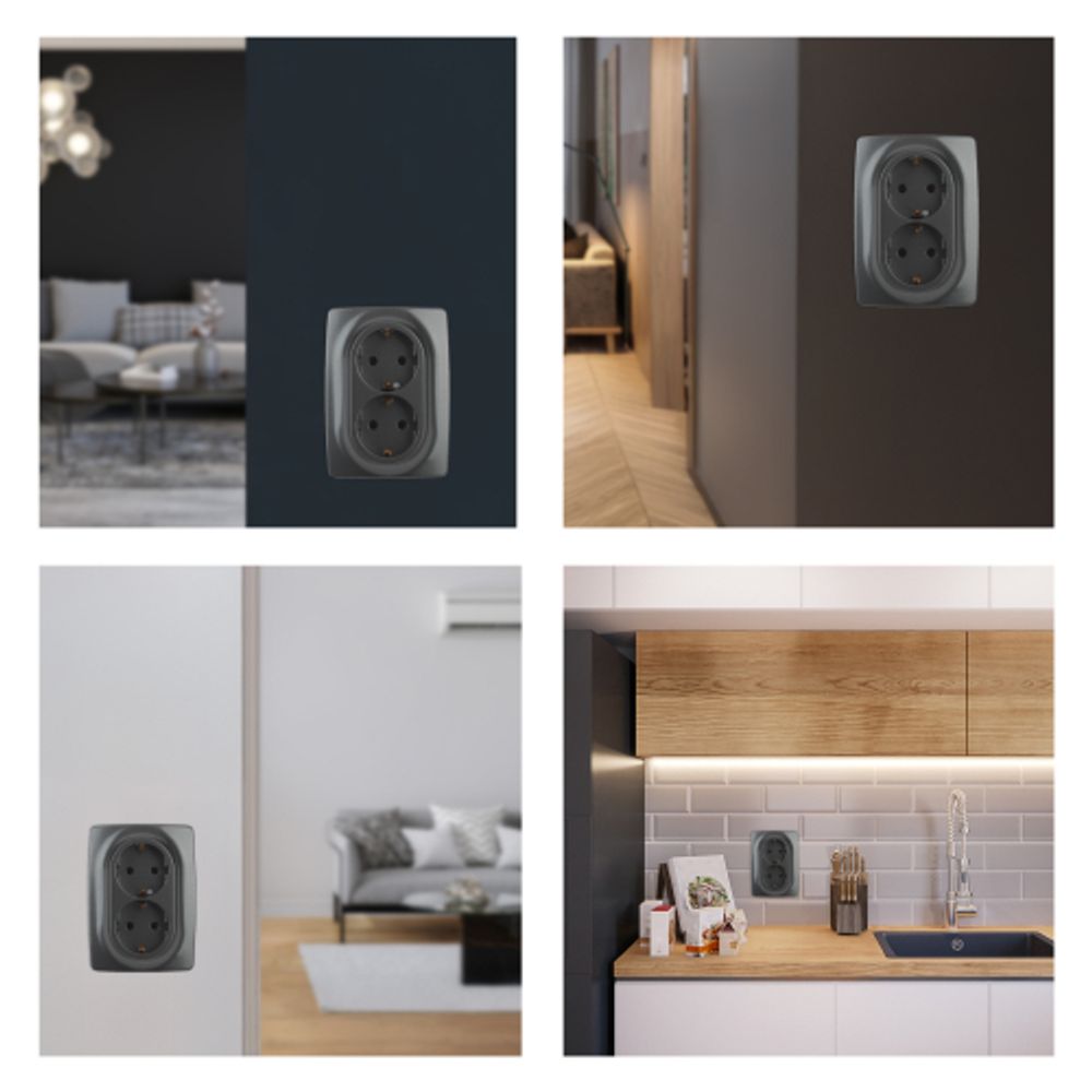 Розетка ЭРА Серия 12 12-2106-12 двойная с заземлением 2X2P+E Schuko 16A-250В IP20 графит | Эра 12