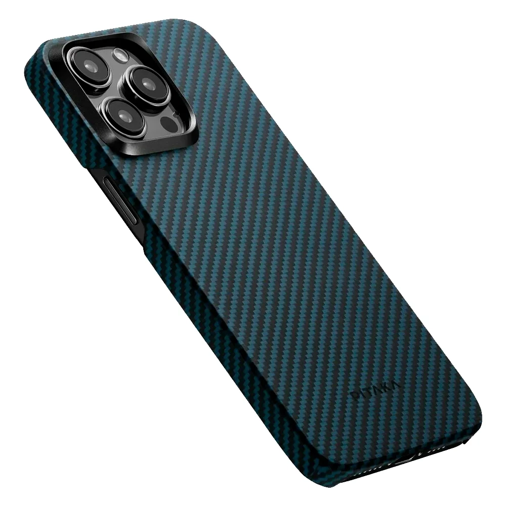 Чехол из арамидного волокна с поддержкой MagSafe PITAKA MagEZ Case 4 1500D для iPhone 15 Pro, Black / Blue Twill (Cаржевое переплетение)