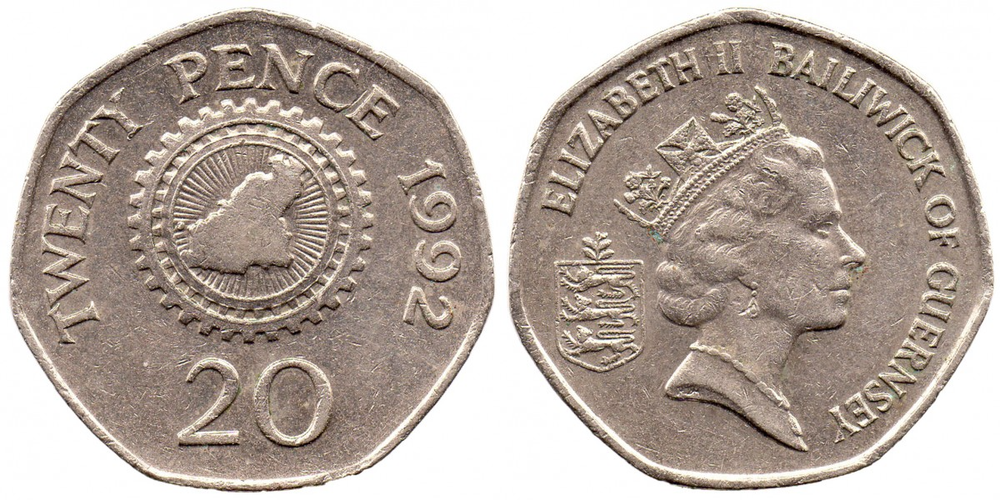 Гернси 20 пенсов, 1985 - 1997 Карта XF
