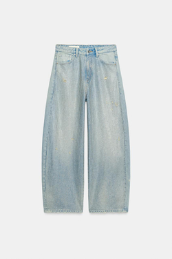 ZARA ДЖИНСЫ TRF BAGGY СО СРЕДНЕЙ ПОСАДКОЙ И СТРАЗАМИ, ГОЛУБОЙ