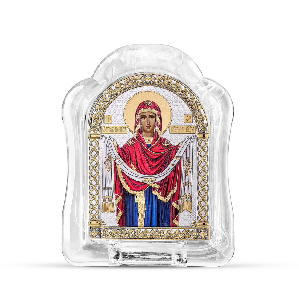 Покрова БМ, икона арочная, белое муранское стекло, эмаль 103х147