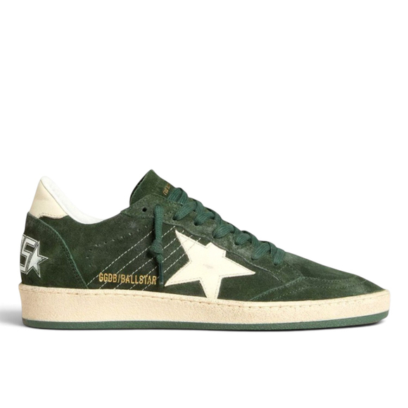 Women's Golden Goose Ball Star Green suede with White leather star and White heel tab