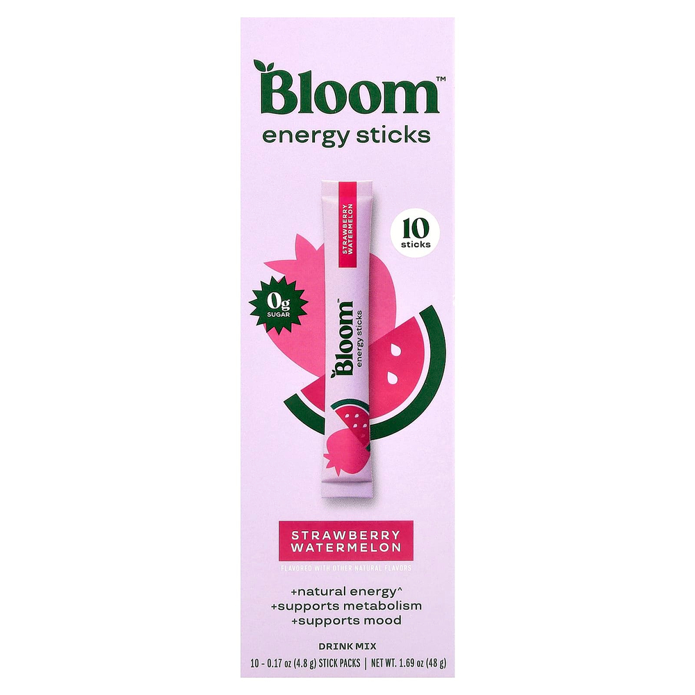 Bloom, Energy Sticks, со вкусом клубники и арбуза, 10 шт. по 4,8 г (0,17 унции)
