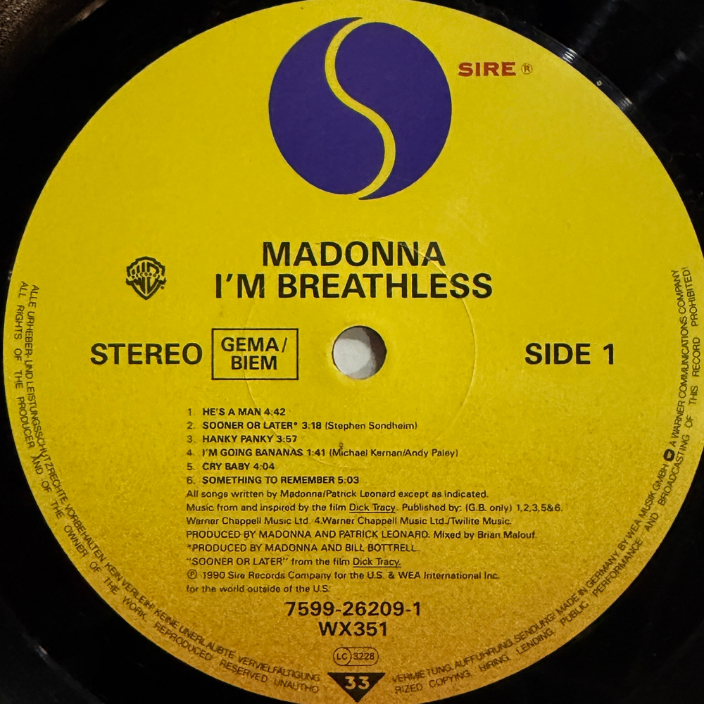 Madonna - I'm Breathless (Music From And Inspired By The Film Dick Tracy) Германия 1990г.