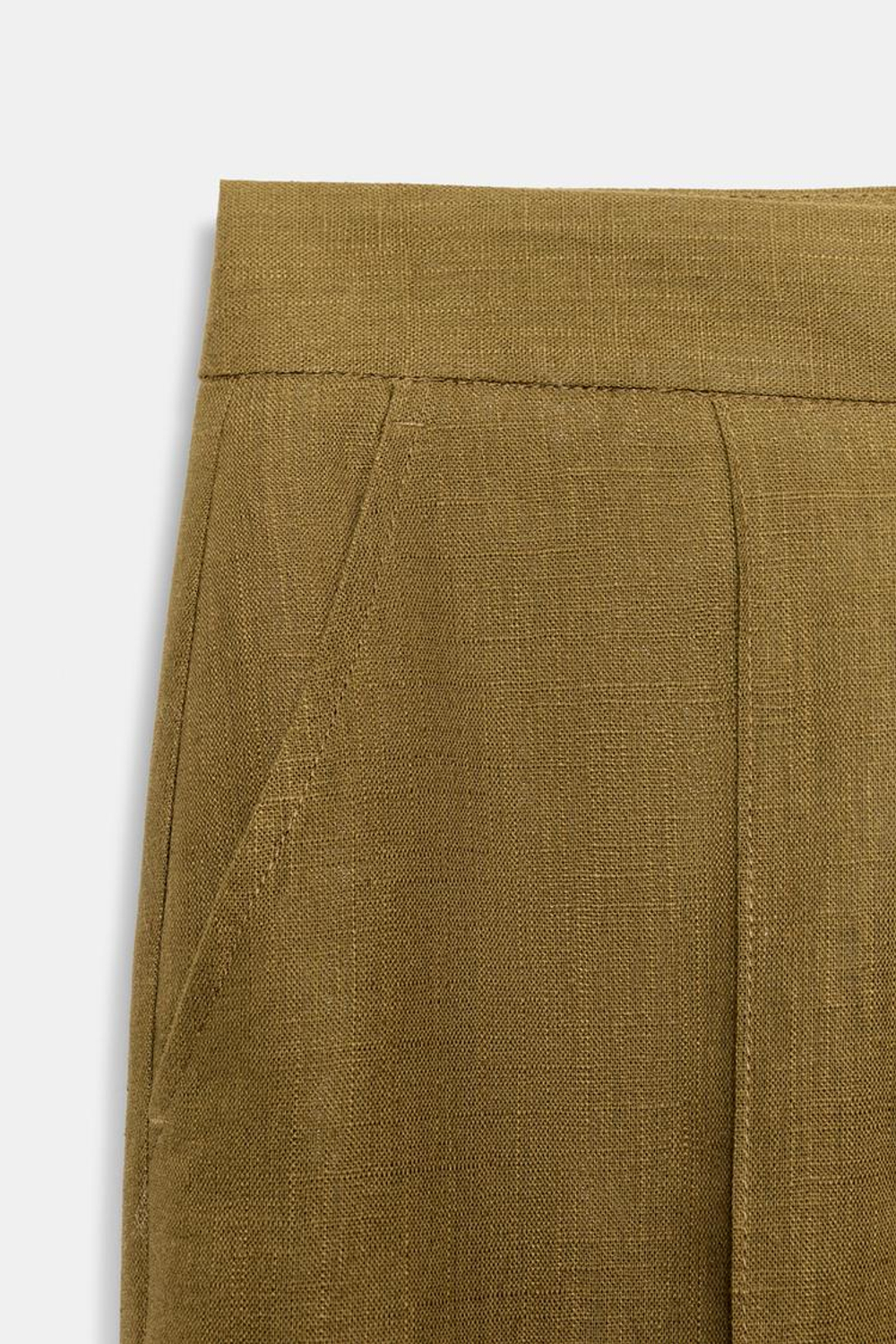 ZARA БРЮКИ ПРЯМОГО КРОЯ ИЗ ЛЬНА, ЦВЕТ ОЛИВКОВОГО МАСЛА
