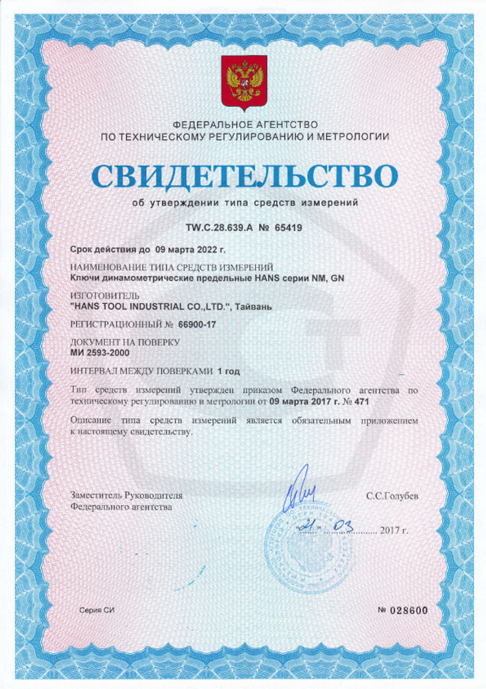 Динамометрический двусторонний ключ 1" 140-980 Нм., 8170-2GN, Hans