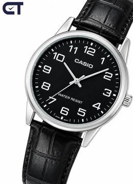 Casio MTP-V001L-1B Standard часы наручные мужские — чёрный циферблат, серебристый корпус и кожаный ремешок