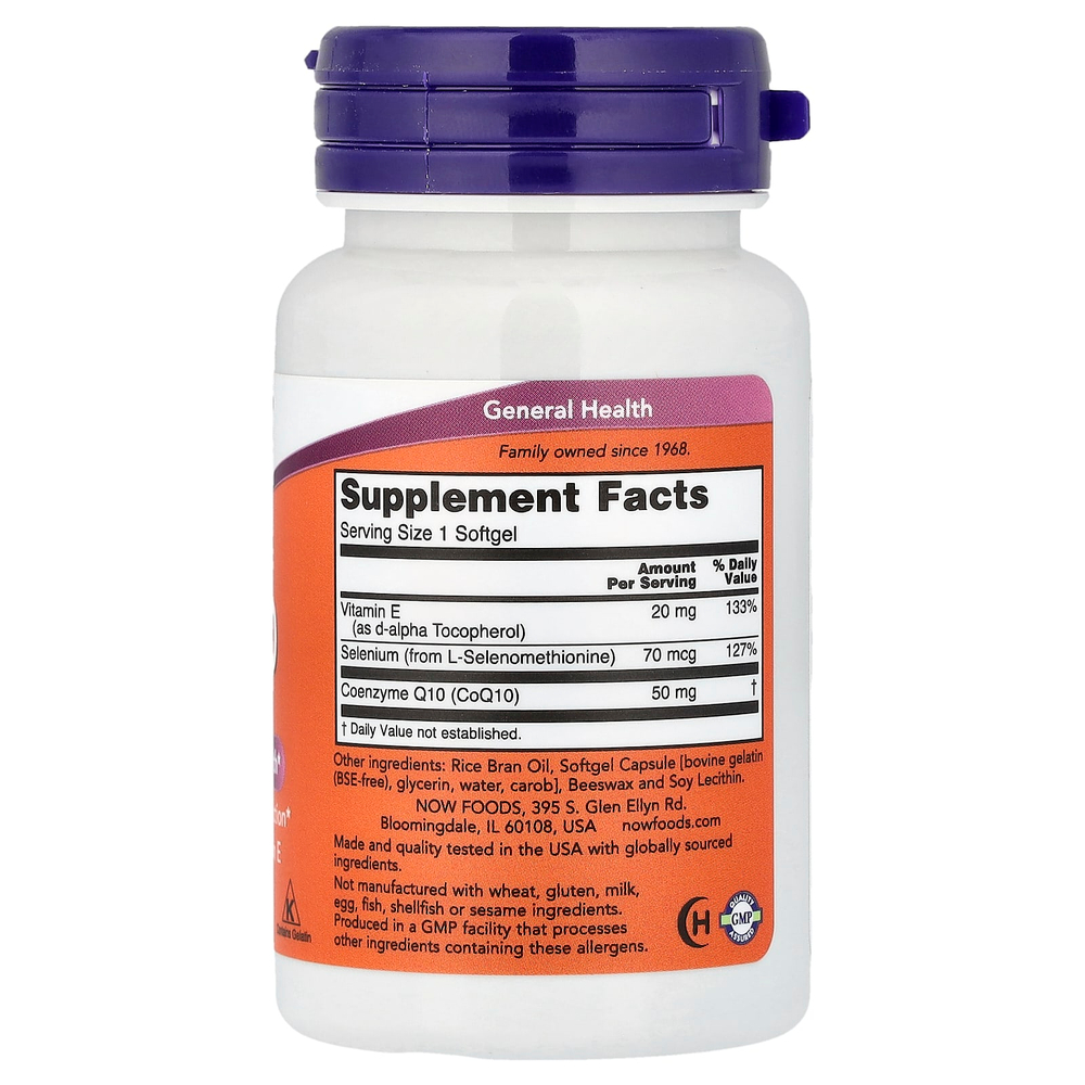 NOW Foods, коэнзим Q10 с селеном и витамином E, 50 капсул