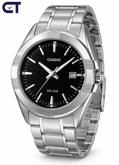CASIO MTP-1308D-1A CASIO Collection мужские наручные часы — чёрный циферблат, дата и классический стальной дизайн