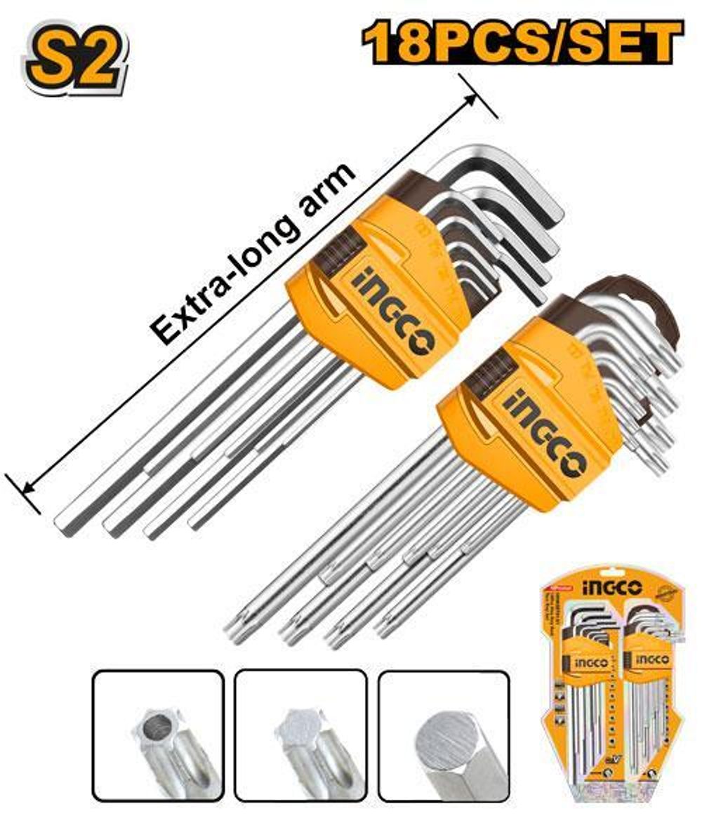 Набор шестигранных ключей 18 шт. S2 HEX 1,5-10мм, TORX Т10-Т50 INGCO HHKSET0181 INDUSTRIAL