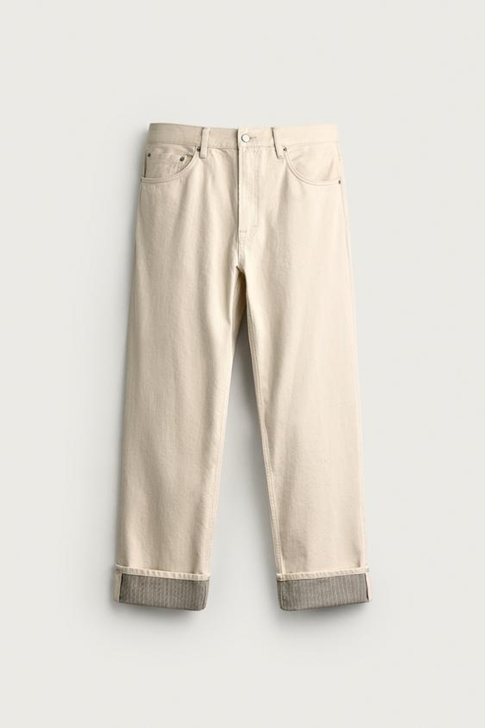 ZARA ДЖИНСЫ STRAIGHT FIT С КОНТРАСТНЫМИ ОТВОРОТАМИ, ЭКРЮ