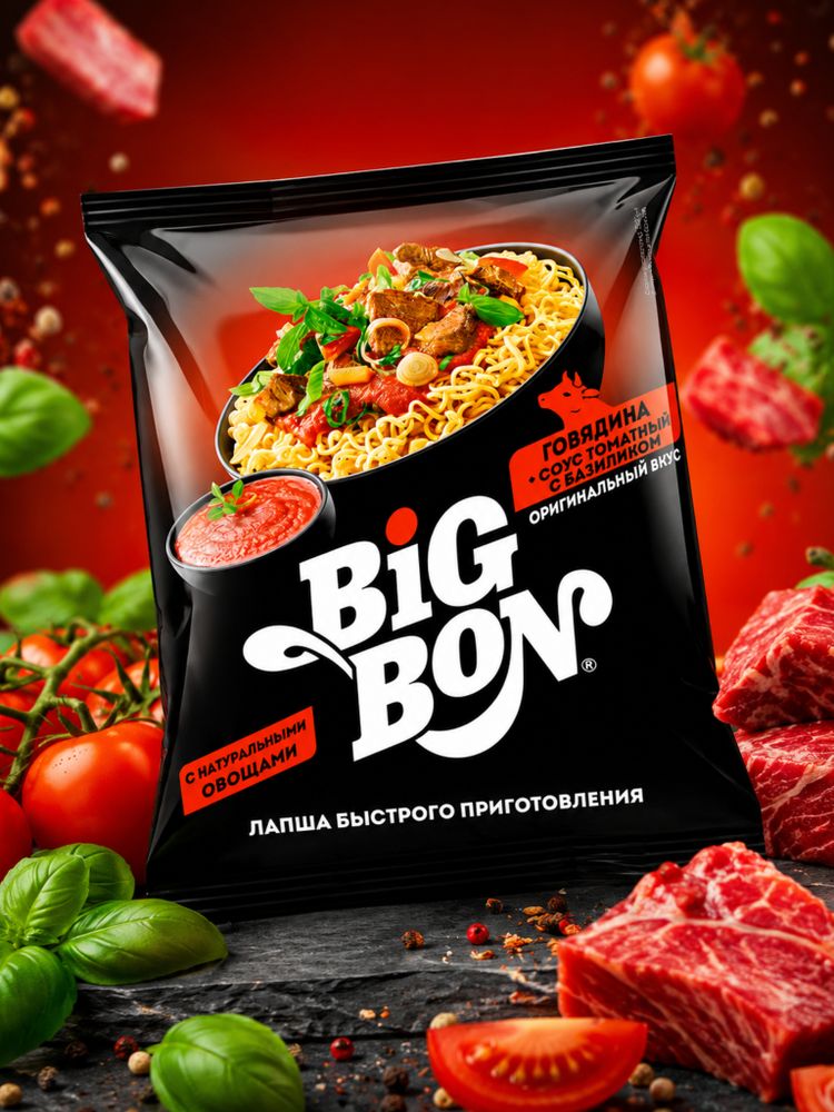Лапша Big Bon Говядина в томате с базиликом 75 г x 5 шт