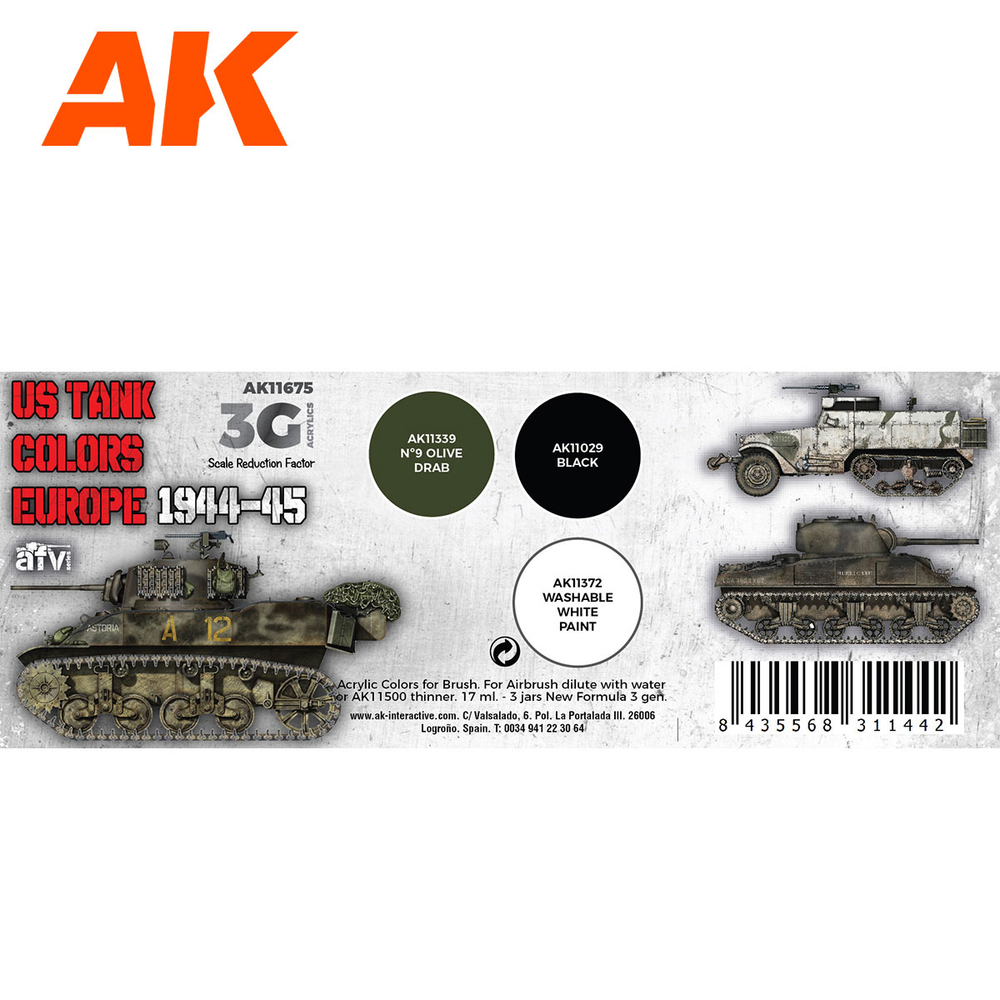 Набор красок AK Interactive US Tank Colors Europe 1944-45 Set 3G, 3 краски