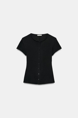 ZARA ФУТБОЛКА В РУБЧИК НА ПУГОВИЦАХ, ЧЕРНЫЙ