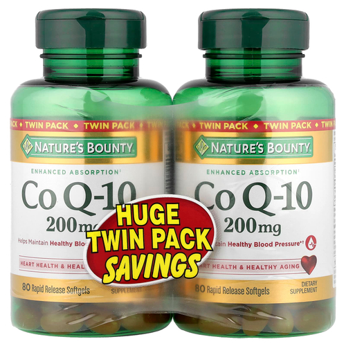 Nature's Bounty, коэнзим Q10, двойная упаковка, 200 мг, 2 флакона по 80 капсул быстрого высвобождения