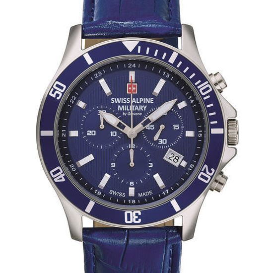 С ремешком Мужские наручные часы с синим кожаным ремешком Swiss Alpine Military 7022.9535 chronograph 42mm 10ATM