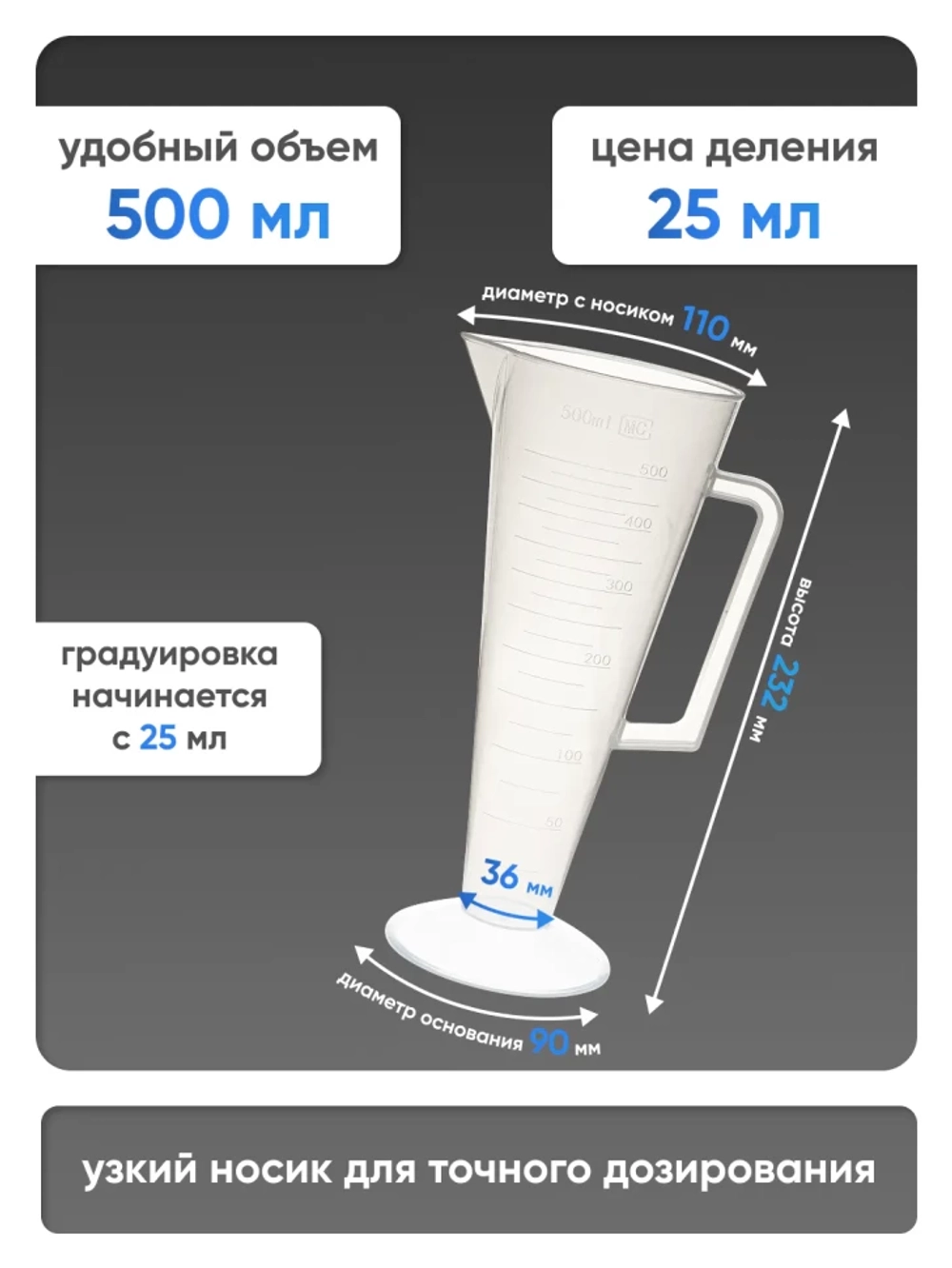 Мензурка п/п коническая 500 мл, Лаборио