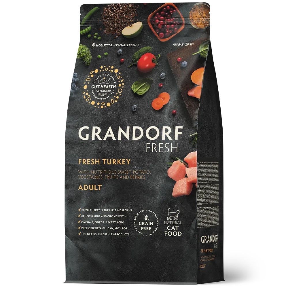 Сухой корм GRANDORF FRESH CAT Turkey беззерновой, индейка с бататом для взрослых кошек, диетическая формула для особо аллергичных кошек 2кг